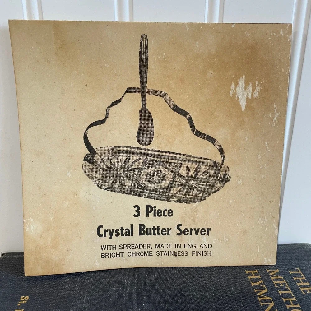 Vtg 3pc Crystal Butter Dish Server‎ Spreader England Bright Chrome Stainless MCM